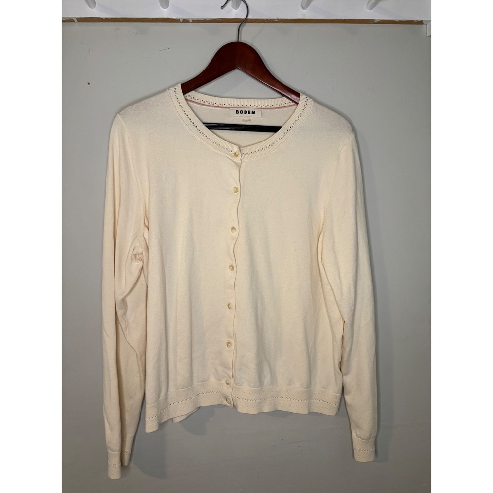 Boden Pointelle Trim Cardigan Sweater Cream Button Front Cotton Blend Large